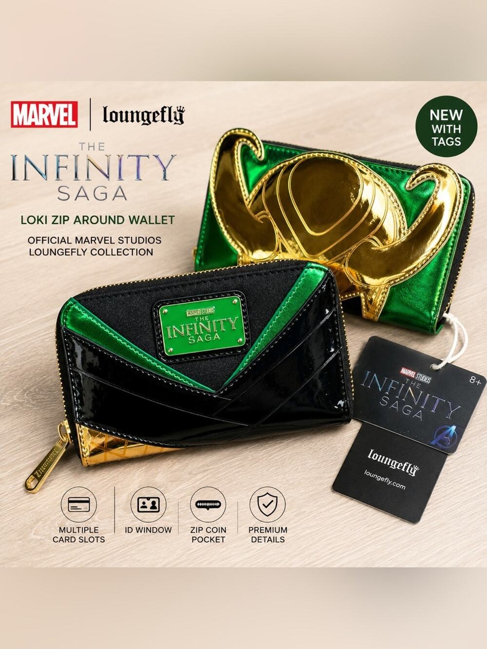 NWT Loungefly Marvel Infinity Saga Loki Zip Around Wallet Green Avengers Disney